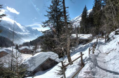 einen schneebedeckten Berg mit Bäumen und einem Zaun in der Unterkunft La Ribambelle in Chamonix-Mont-Blanc