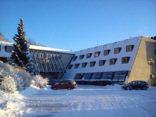 un grande edificio con auto parcheggiate nella neve di Wellness Hotel Diana a Velké Losiny