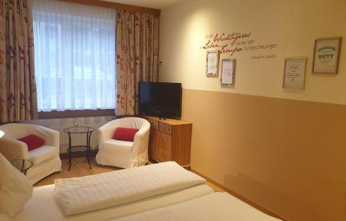 een hotelkamer met een bed en twee stoelen en een televisie bij Hotel Pension Alte Mühle in Klosterneuburg