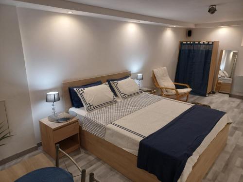 een slaapkamer met een groot bed en een stoel bij Très bel appartement type loft de 40 m2 dans maison avec parking privatif in Lingolsheim