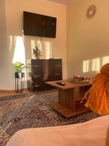 a living room with a couch and a coffee table at Apartament Terra II in Floreşti