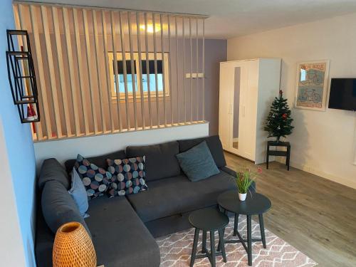 a living room with a couch and a table at Spring Inn Apartments in Meiringen