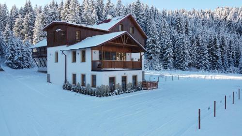 a large house in the snow with snow covered trees at Apartmán Ela in Horní Blatná