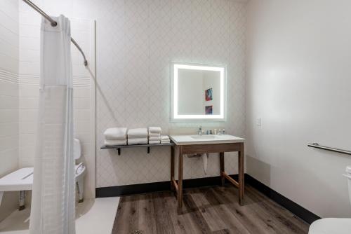 Baño blanco con lavabo y espejo en Comfort Suites Colorado Springs East - Medical Center Area, en Colorado Springs