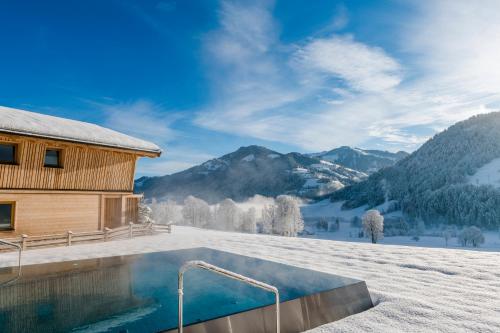 ein Haus mit Pool im Schnee in der Unterkunft Beim Hochfilzer Superior 4 Sterne in Söll