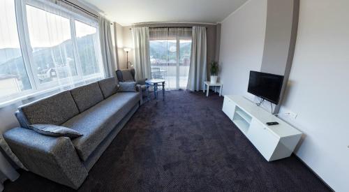 uma sala de estar com um sofá e uma televisão em Rakhiv Hotel & Apartments em Rakhiv