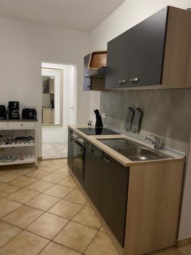 cocina con fregadero y fogones en Tolle Ferienwohnung im Herzen von Thüringen, en Eisenach