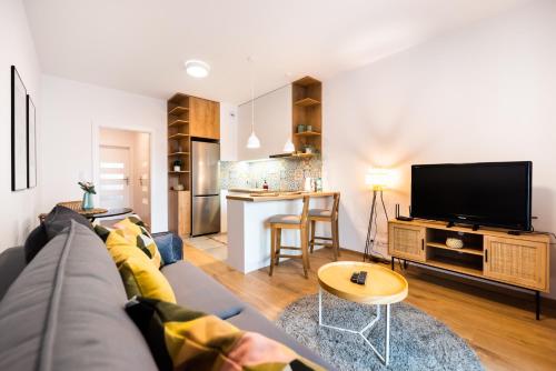 een woonkamer met een bank en een tv bij Mokotów Passion Apartment in Warschau