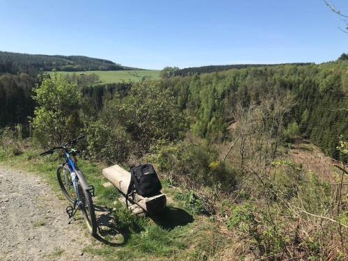 una bicicleta estacionada al lado de un camino de tierra en 1833 Ardennes farm between Bastogne and Houffalize, en Bastogne