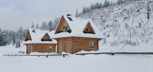 ビトゥフにあるJędroskowe Chatkiの雪の屋根の丸太キャビン