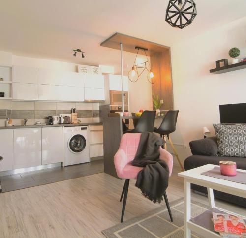 een woonkamer met een roze stoel voor de keuken bij Tisza River Apartman in Szeged