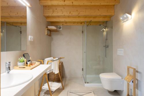 a bathroom with a shower and a sink and a toilet at Apartamento Férias (Apartamento Norte) in Costa Nova