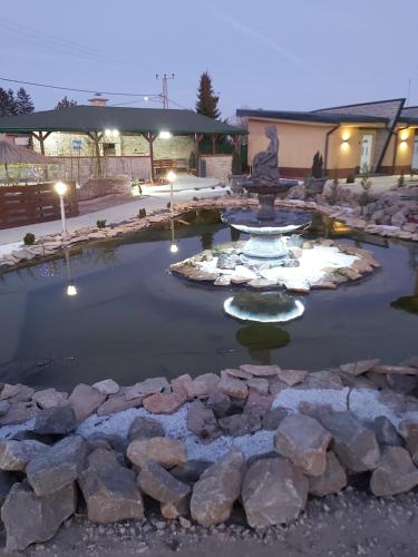 einen Brunnen in einem Teich im Garten in der Nacht in der Unterkunft Filigran in Palić