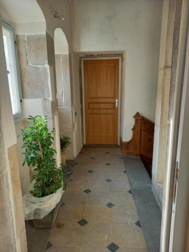 um corredor com uma porta de madeira e um vaso de plantas em Les Meublés du Colombier em Lons-le-Saunier