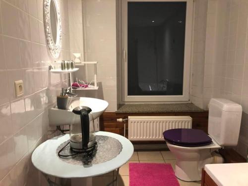 a bathroom with a sink and a toilet and a mirror at Les Lumerettes - Dohan in Bouillon