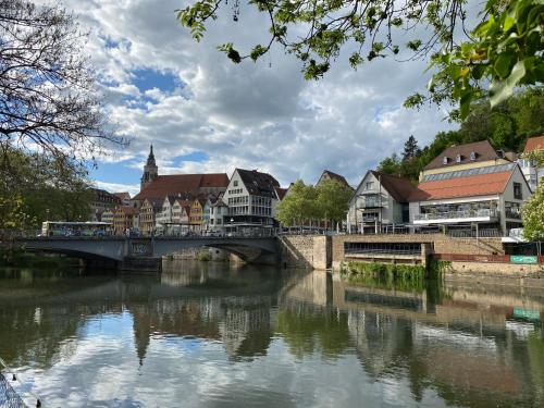 un ponte su un fiume in una città con edifici di Domizil Tübingen a Tubinga