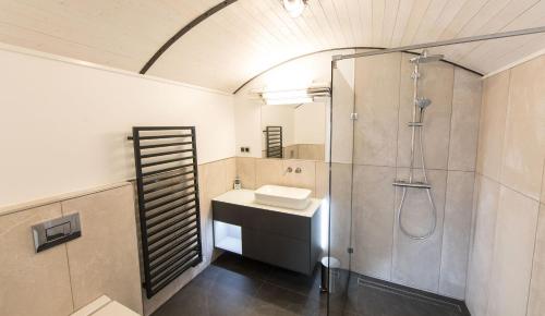 y baño con lavabo y ducha. en LokoMotel-Waggon, Luxus Appartment im Eisenbahnwaggon, en Stadtlohn