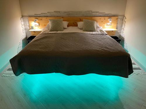 een slaapkamer met een groot bed met blauwe verlichting bij Апартаменти Underground&SPA in Lviv