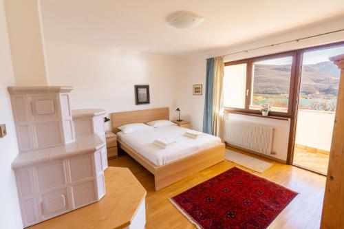 a bedroom with a bed and a large window at Arzenhof, Baron Di Pauli in Caldaro