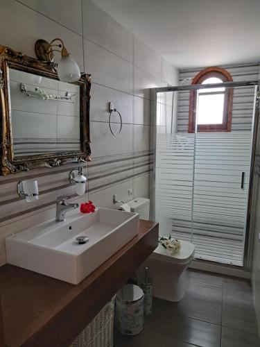 La salle de bains est pourvue d'un lavabo, de toilettes et d'un miroir. dans l'établissement Stella Apartments Malia, à Mália