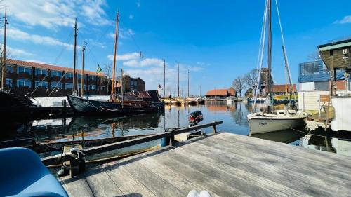 a group of boats docked at a dock at Woonboot 4 Harderwijk in Harderwijk