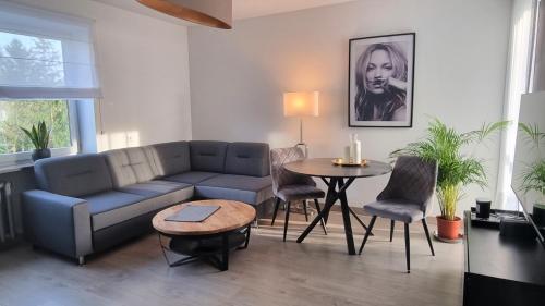 uma sala de estar com um sofá e uma mesa em Apartamenty przy Tężni em Busko-Zdrój