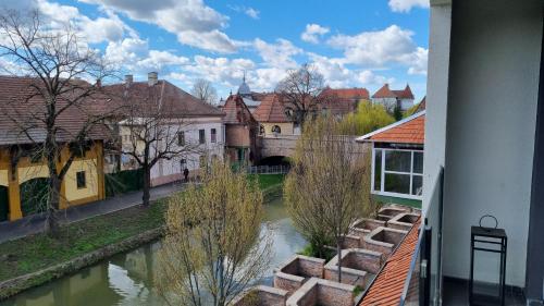 uitzicht op een rivier in een stad met een brug bij Viktória Apartman in Gyula