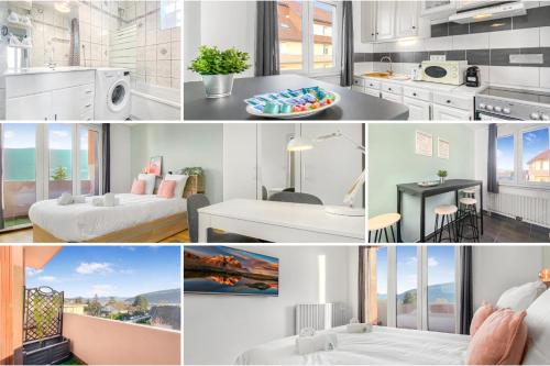 un collage di foto di una cucina e di un soggiorno di HOMEY Coloc goodLife - Colocation moderne - Chambres privées - Wifi et Netflix - Au pied du tram pour Genève ad Ambilly