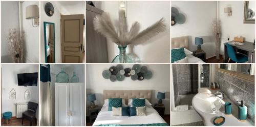 un collage de fotos de una habitación con cama y jarrón en Le Château d'Argens, en Les Arcs sur Argens