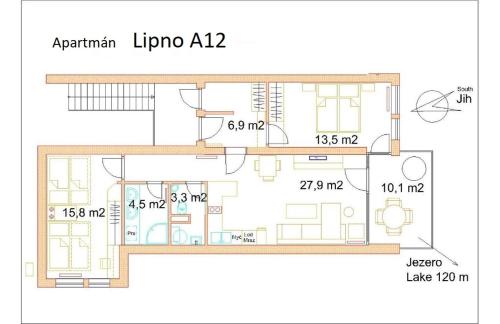 Grundriss eines kleinen Hauses mit Blaupause in der Unterkunft Apartmán Lipno A12 in Lipno nad Vltavou