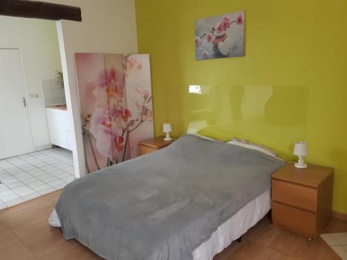 um quarto com uma cama grande e duas mesas de cabeceira em Chez Virginie em Gisors