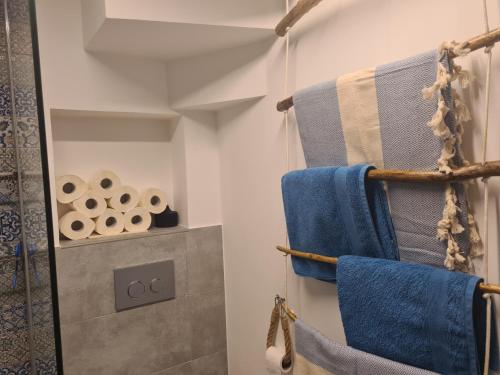 a bathroom with blue towels hanging on a wall at Grisia 26 Apartment in Rovinj