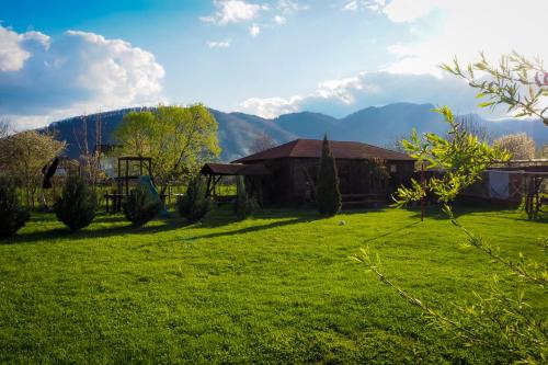 um campo com uma casa e montanhas ao fundo em Pensiunea Riffelt em Bran