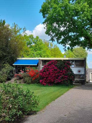 een gebouw met een bos bloemen in een tuin bij Vakantie Accommodatie Egelantier in Dwingeloo