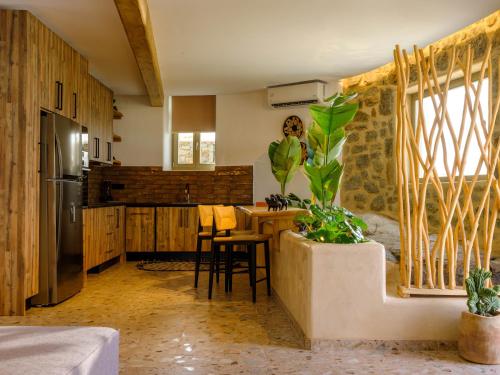 een keuken met houten kasten en een keuken met een koelkast bij Vrachos Suites Mykonos in Mykonos-stad