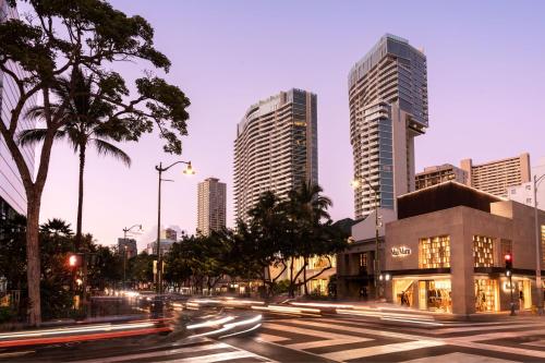 Otelden çekilmiş Honolulu şehrinin genel bir manzarası veya şehir manzarası