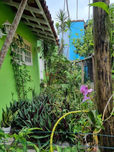 une maison verte avec quelques plantes devant elle dans l'établissement SUÍTES Caminho do Mar, à Abraão