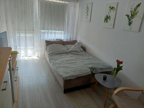 Dormitorio pequeño con cama y mesa en Apartament Mazury, en Olecko