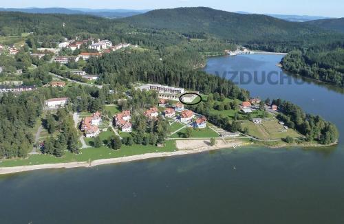 Luftblick auf eine kleine Insel in einem See in der Unterkunft Apartmán Lipno A12 in Lipno nad Vltavou