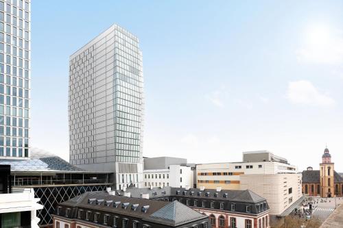 una representación de un edificio de cristal alto en una ciudad en JW Marriott Hotel Frankfurt, en Frankfurt