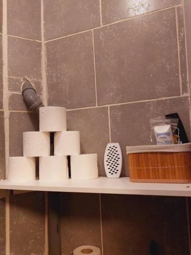 a shelf with a bunch of toilet paper on it at Mini studio aproape de centru in Bucharest