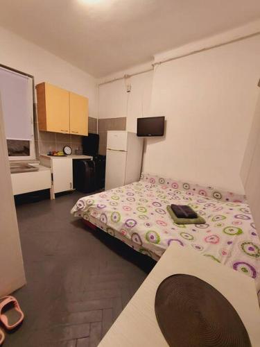 a small room with a bed and a refrigerator at Mini studio aproape de centru in Bucharest