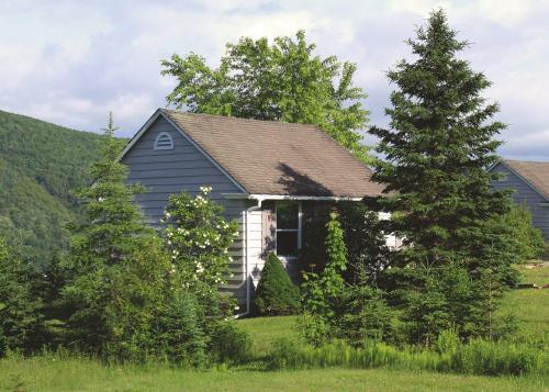 een blauw huis met bomen ervoor bij Chanterelle Inn & cottages in Baddeck