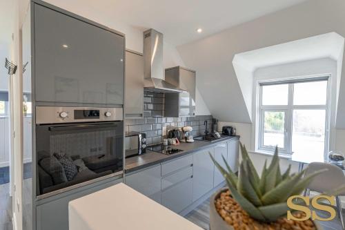 uma cozinha com utensílios de aço inoxidável e uma planta em The Hideaway - 1 MINUTE FROM 02 ACADEMY - FREE PARKING - 5 MINUTES FROM THE BEACH - FAST WI-FI - SMART TV em Bournemouth