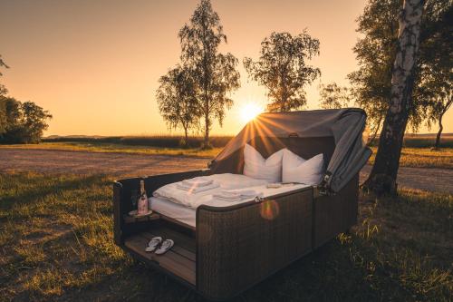 a wicker bed in a field with the sun setting at Marina Martinshafen - Beach life in Sassnitz