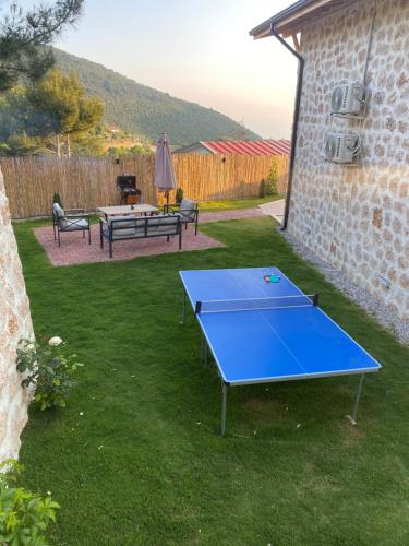 niebieski stół do ping ponga na dziedzińcu w obiekcie Villa mirador stone w Kaş