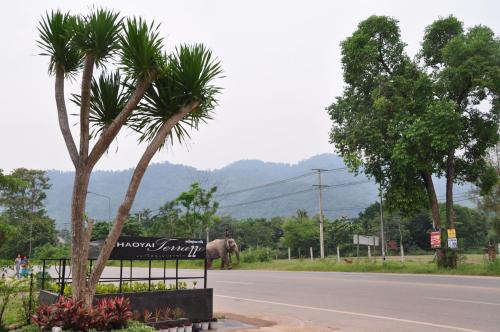 um elefante de pé ao lado de uma estrada com uma árvore em Khaoyai Terrazzo em Mu Si