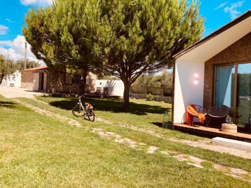 una casa con una bicicleta estacionada junto a un árbol en Casinhas da Póvoa- Turismo Natureza, en Castelo de Vide