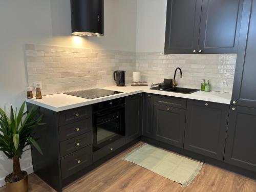 a kitchen with black cabinets and a sink at Abrahama Green House in Władysławowo