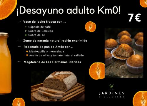 a flyer for a bakery with a sandwich and orange slices at Jardines Villaverde in Villaverde de Pontones